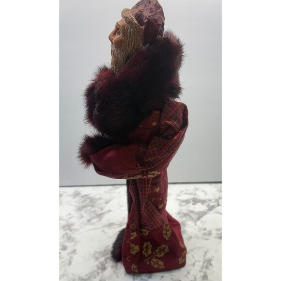 Folk Art Santa Claus Christmas Figurine Patchwork Robe with Faux Fur Trim - Picture 4 of 10